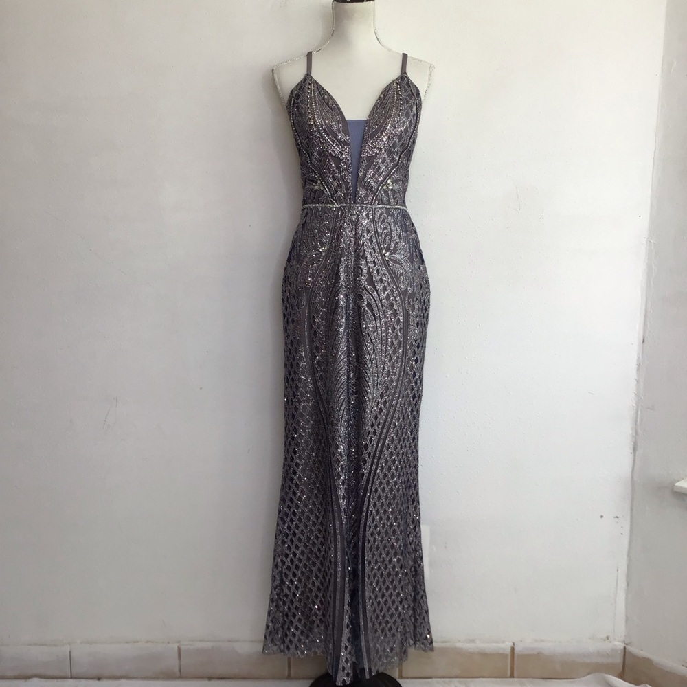 F.e.i.s.t.a Fashion Women Elegant Silver Glitter Grey Mesh Formal Maxi Gown XL